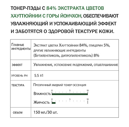 Пэды для лица с экстрактом цветка хауттюйнии 84%, Derma Factory, 150мл, очищение, тонизирование